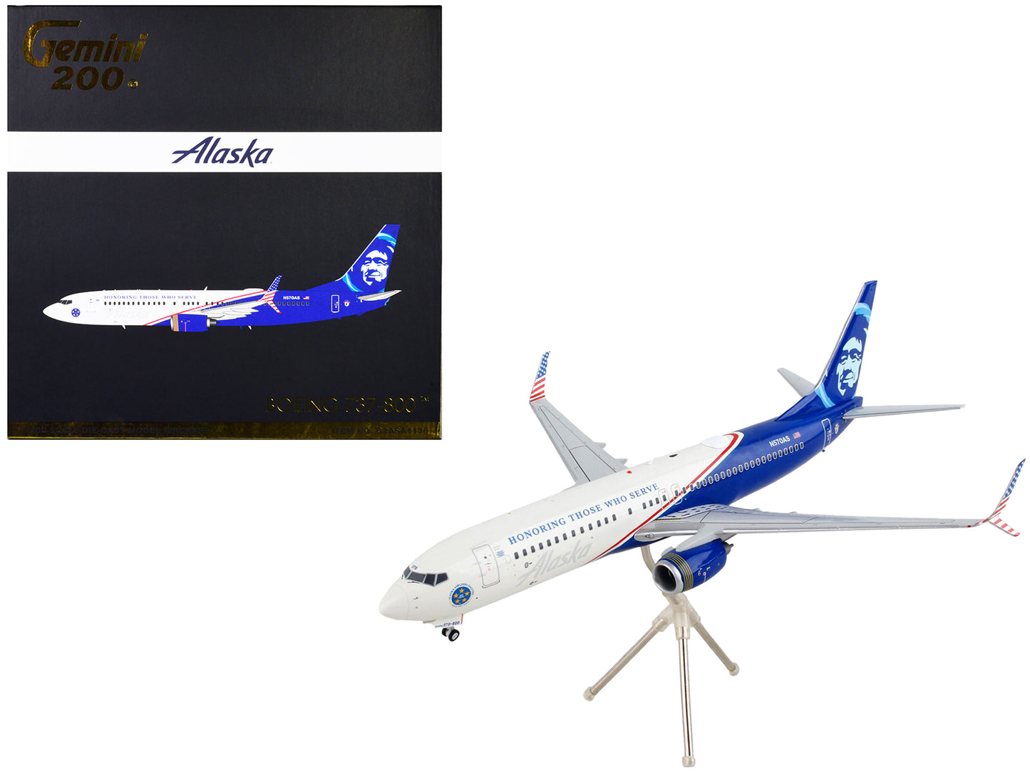 Boeing 737-800 Commercial Aircraft "Alaska Airlines - Honoring Those Who Serve" White and Blue "Gemini 200" Series 1/200 Diecast Model Airplane by GeminiJets