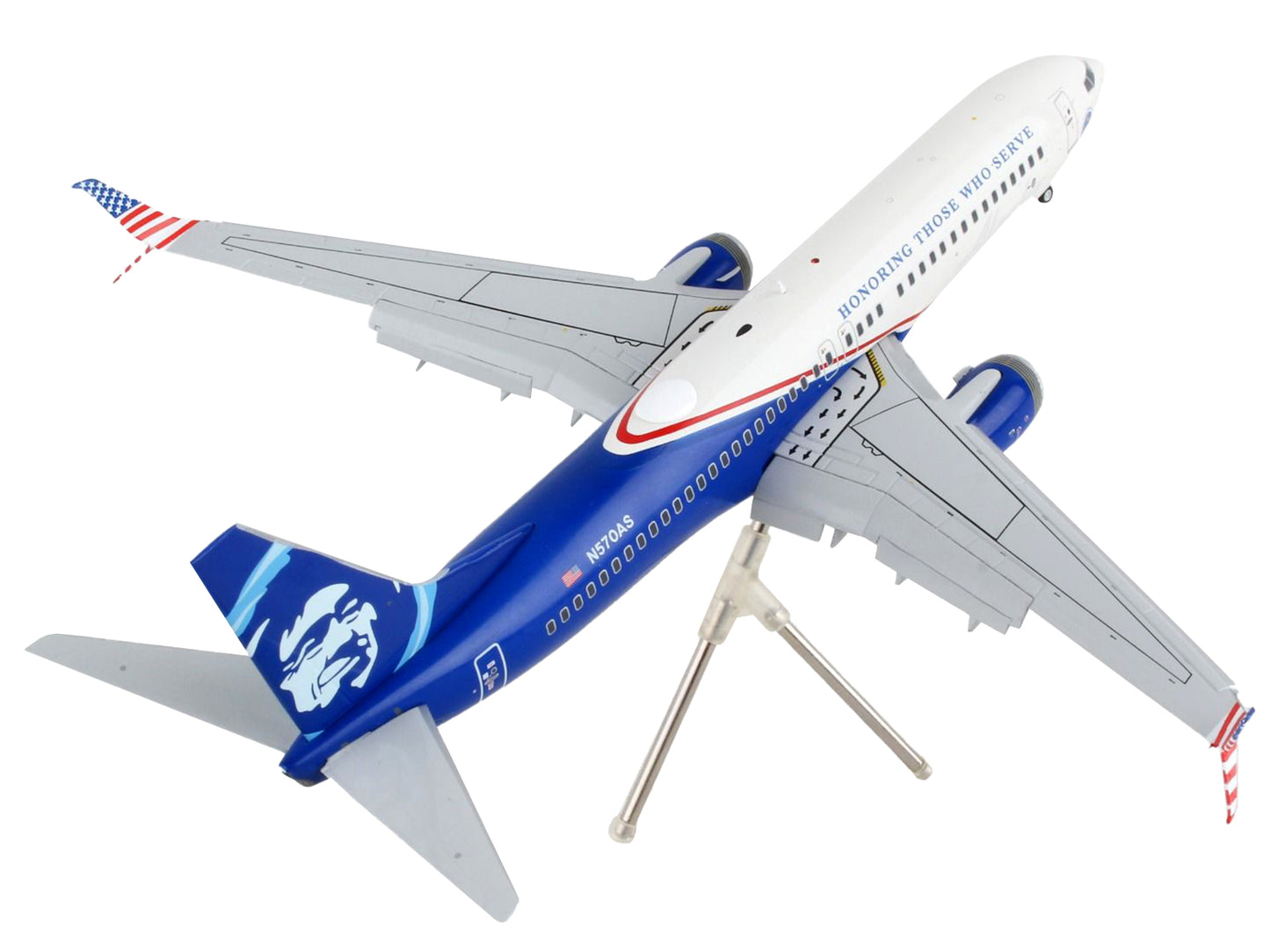 Boeing 737-800 Commercial Aircraft with Flaps Down "Alaska Airlines - Honoring Those Who Serve" White and Blue "Gemini 200" Series 1/200 Diecast Model Airplane by GeminiJets