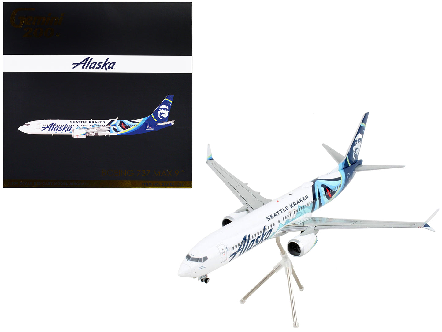 Boeing 737 MAX 9 Commercial Aircraft "Alaska Airlines - Seattle Kraken" White with Blue Tail "Gemini 200" Series 1/200 Diecast Model Airplane by GeminiJets