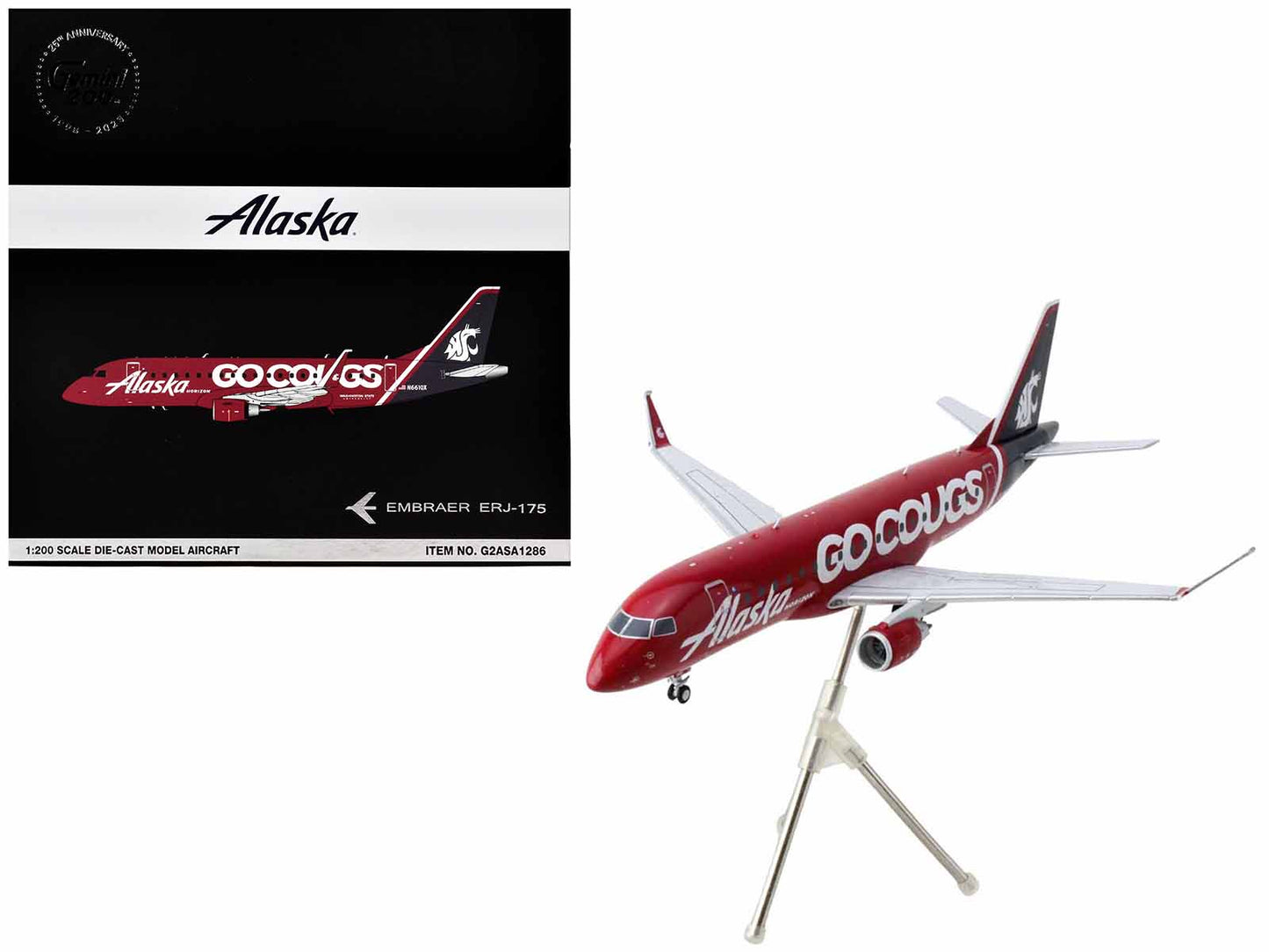 Embraer ERJ-175 Commercial Aircraft "Alaska Airlines/Horizon - Washington State Cougars" (N661QX) Red with Gray Tail "Gemini 200" Series 1/200 Diecast Model Airplane by GeminiJets