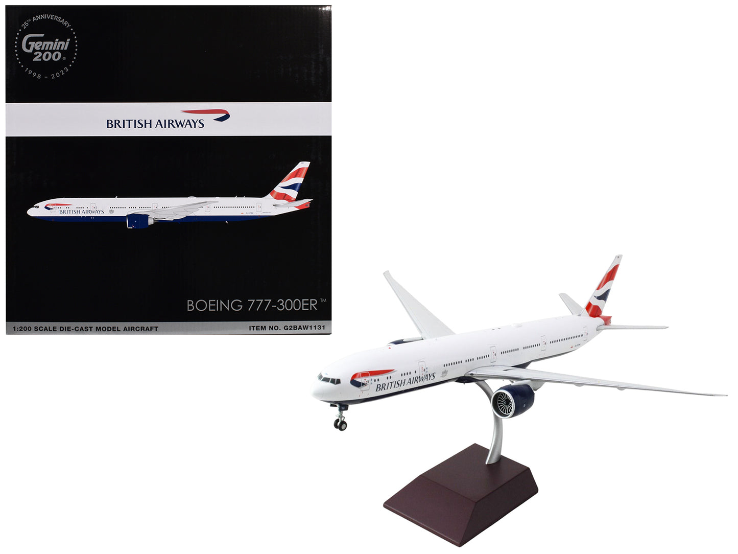 Boeing 777-300ER Commercial Aircraft "British Airways" (G-STBH) White with Striped Tail "Gemini 200" Series 1/200 Diecast Model Airplane by GeminiJets