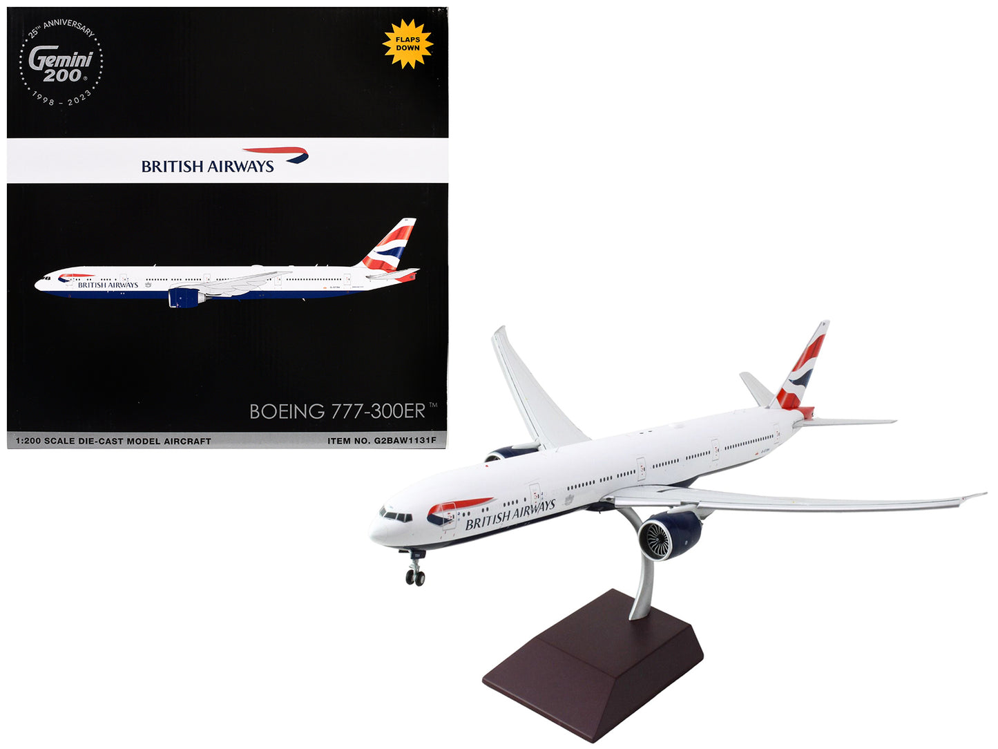 Boeing 777-300ER Commercial Aircraft with Flaps Down "British Airways" (G-STBH) White with Striped Tail "Gemini 200" Series 1/200 Diecast Model Airplane by GeminiJets