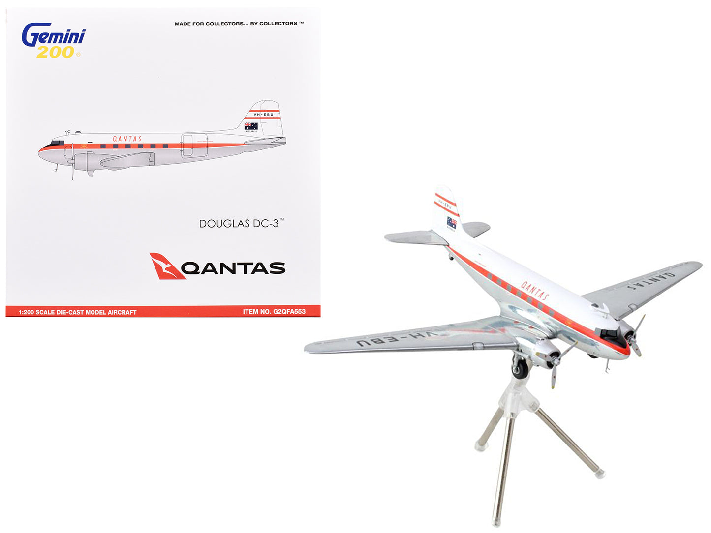 Douglas DC-3 Commercial Aircraft "Qantas Airways" (VH-EBU) White with Red Stripes "Gemini 200" Series 1/200 Diecast Model Airplane by GeminiJets