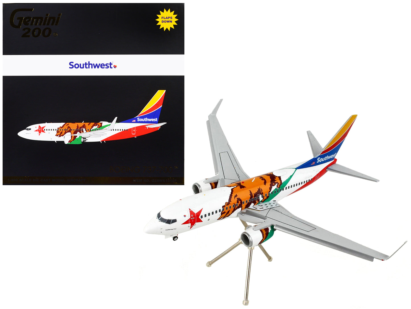 Boeing 737-700 Commercial Aircraft with Flaps Down "Southwest Airlines - California One" California Flag Livery "Gemini 200" Series 1/200 Diecast Model Airplane by GeminiJets