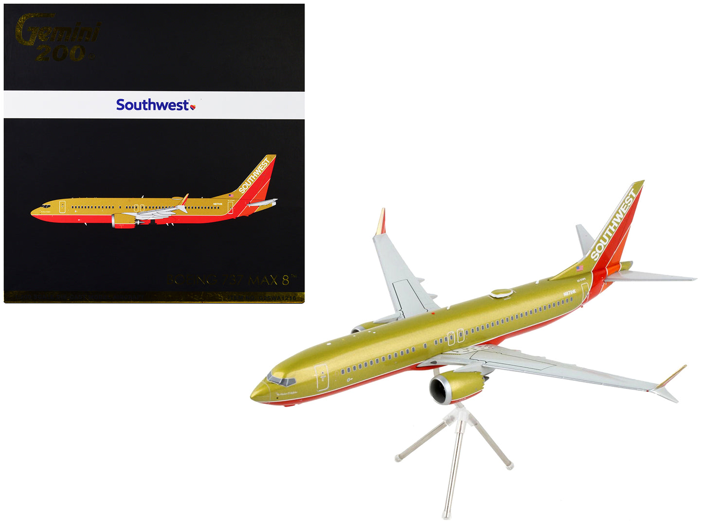 Boeing 737 MAX 8 Commercial Aircraft "Southwest Airlines" Gold and Red "Gemini 200" Series 1/200 Diecast Model Airplane by GeminiJets