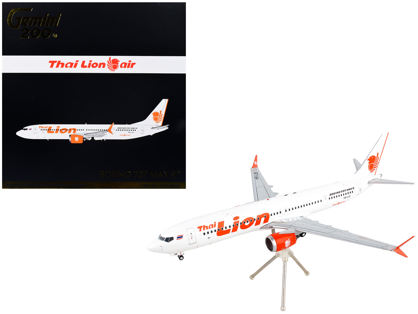 Boeing 737 MAX 9 Commercial Aircraft "Thai Lion Air" White with Orange Tail Graphics "Gemini 200" Series 1/200 Diecast Model Airplane by GeminiJets