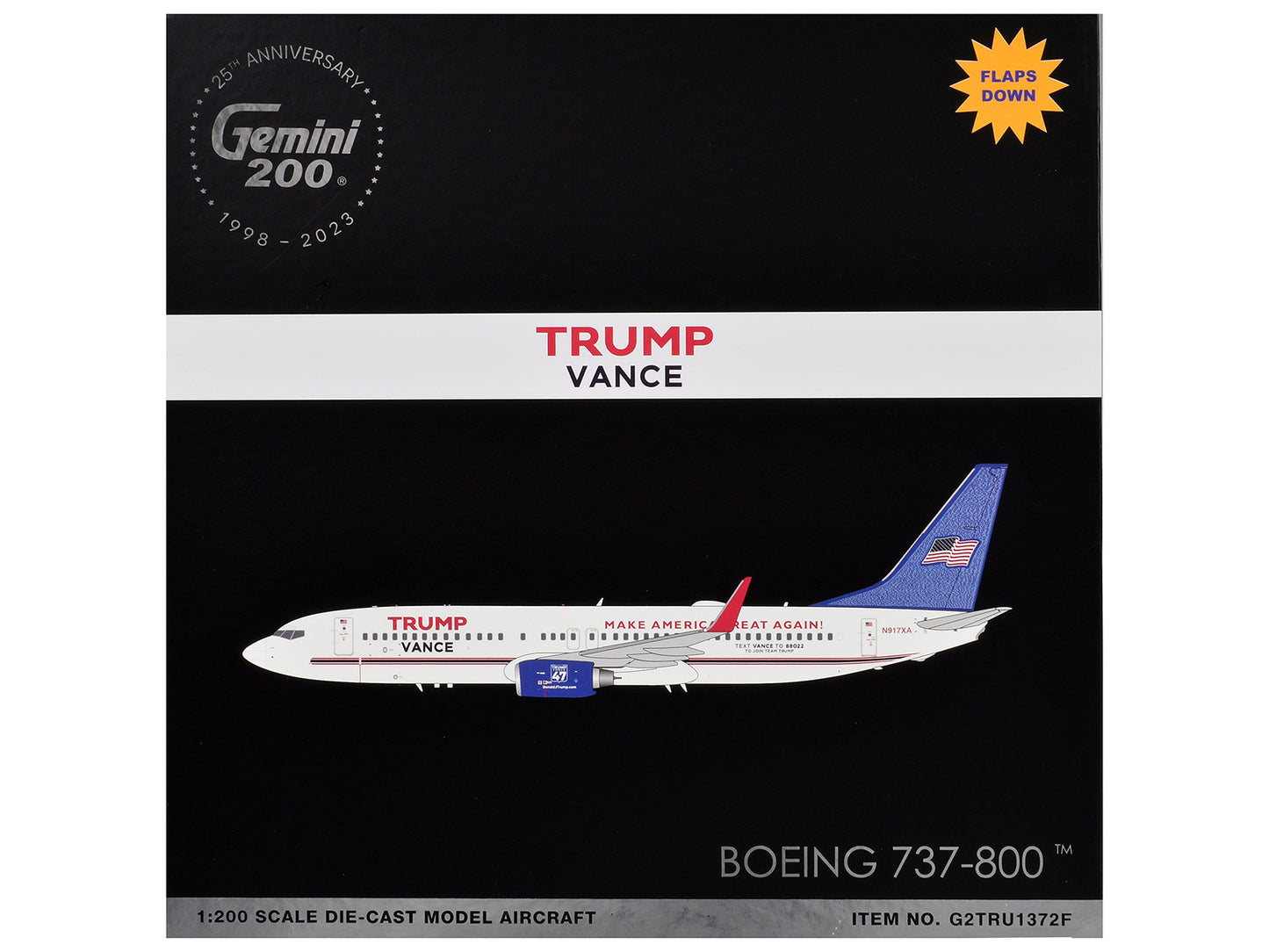 Boeing 737-800 Commercial Aircraft with Flaps Down "Trump-Vance Campaign" (N917XA) White with Blue Tail "Gemini 200" Series 1/200 Diecast Model Airplane by GeminiJets