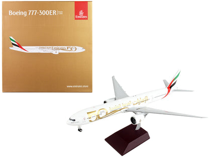 Boeing 777-300ER Commercial Aircraft "Emirates Airlines - 50th Anniversary of UAE" White with Striped Tail "Gemini 200" Series 1/200 Diecast Model Airplane by GeminiJets