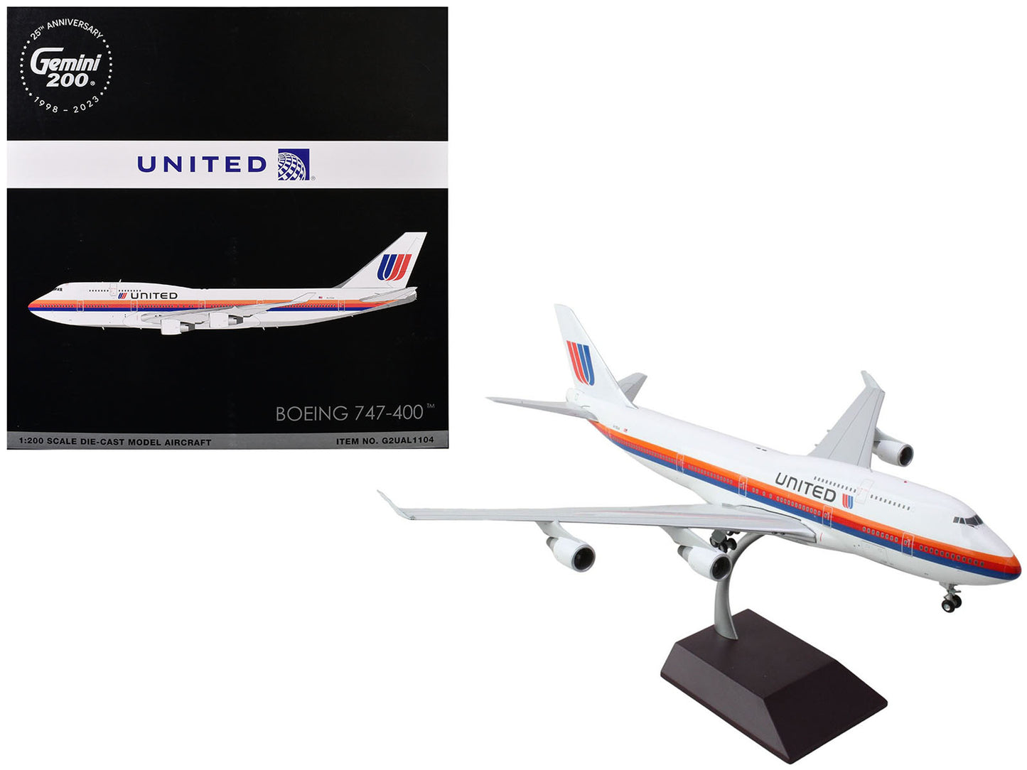 Boeing 747-400 Commercial Aircraft "United Airlines - Saul Bass Livery" (N175UA) White with Stripes "Gemini 200" Series 1/200 Diecast Model Airplane by GeminiJets