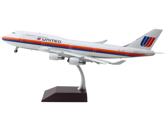 Boeing 747-400 Commercial Aircraft with Flaps Down "United Airlines - Saul Bass Livery" (N175UA) White with Stripes "Gemini 200" Series 1/200 Diecast Model Airplane by GeminiJets