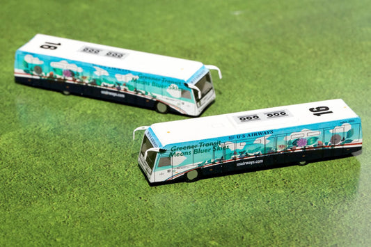 Cobus 3000 Passenger Bus White and Blue with Graphics "US Airways Shuttle Bus - Greener Transit" 2 Piece Set "Gemini 200" Series Diecast Models by GeminiJets