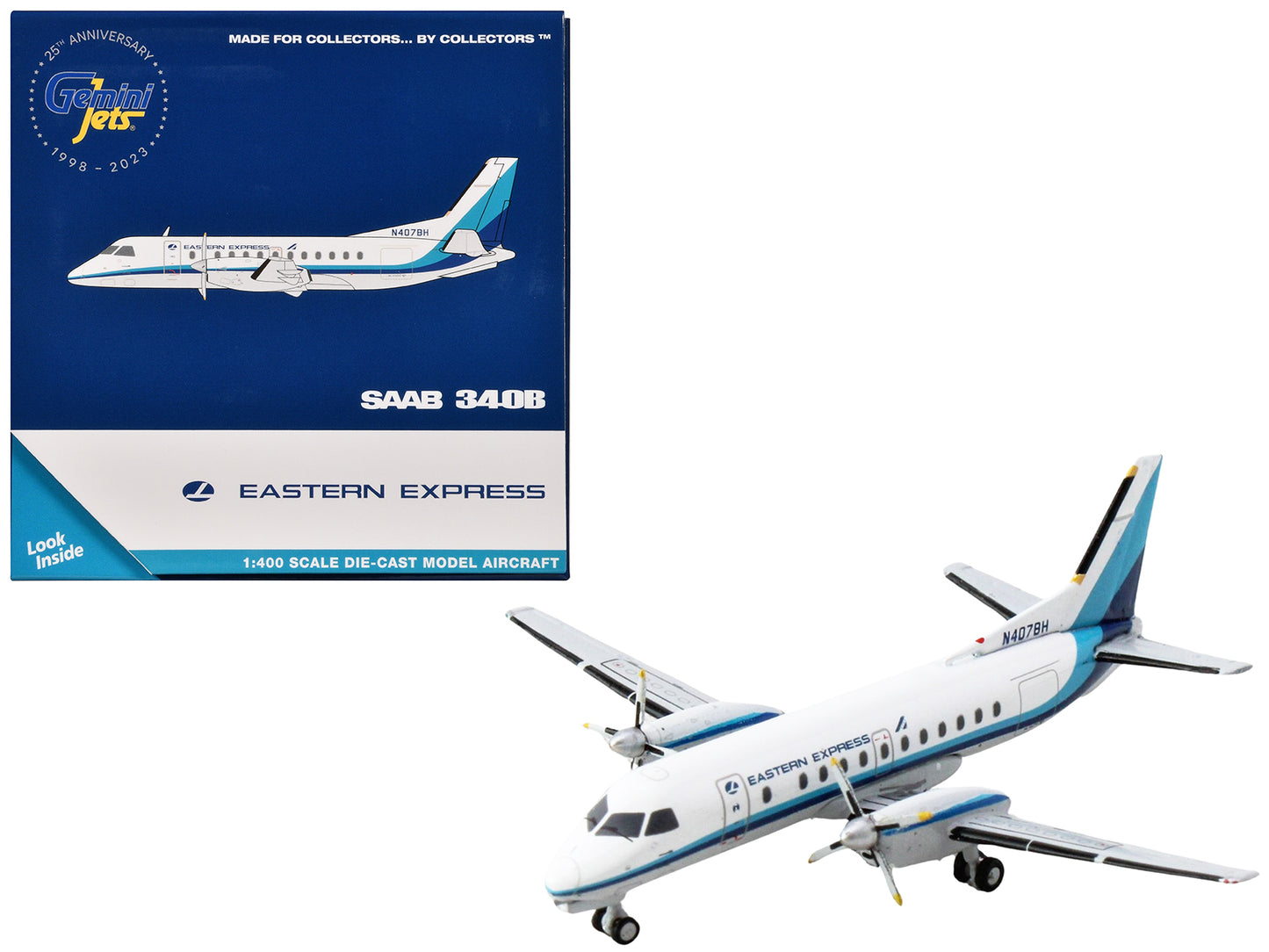 Saab 340B Commercial Aircraft "Eastern Express" (N407BH) White with Blue Stripes 1/400 Diecast Model Airplane by GeminiJets