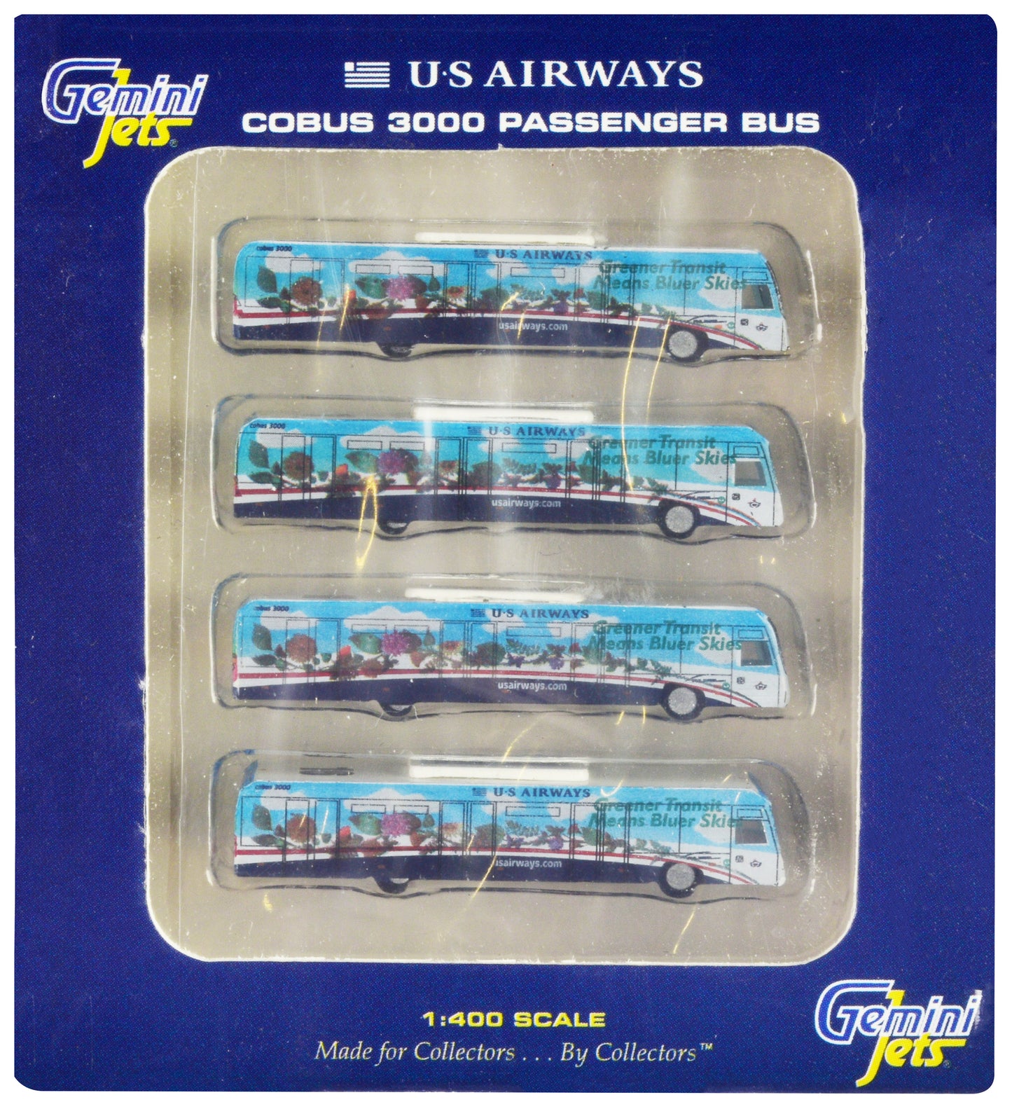 Cobus 3000 Passenger Bus White and Blue with Graphics "US Airways Shuttle Bus - Greener Transit" 4 Piece Set 1/400 Diecast Models by GeminiJets