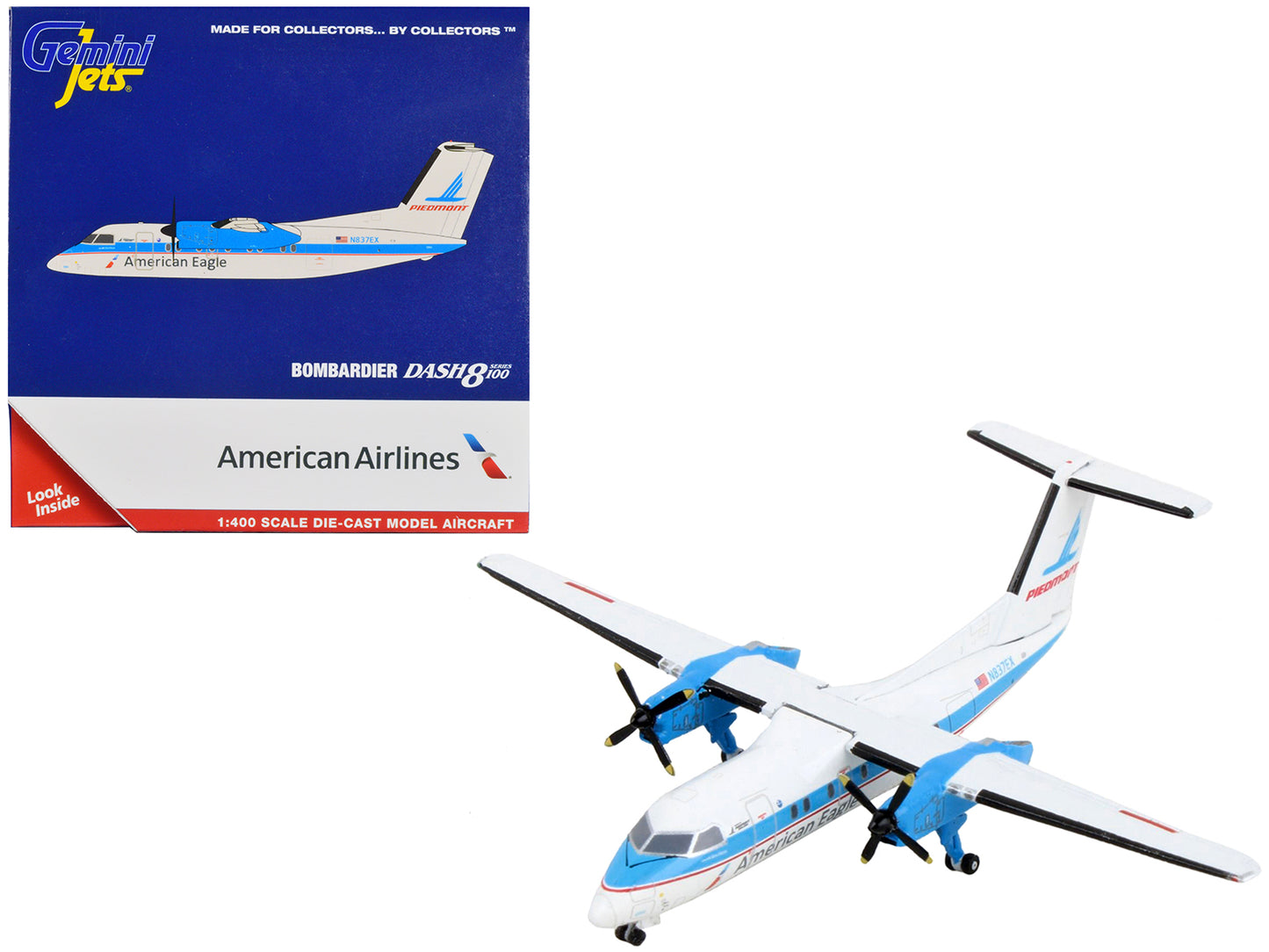 Bombardier Dash 8-100 Commercial Aircraft "American Airlines - American Eagle - Piedmont Airlines" White with Blue Stripes 1/400 Diecast Model Airplane by GeminiJets