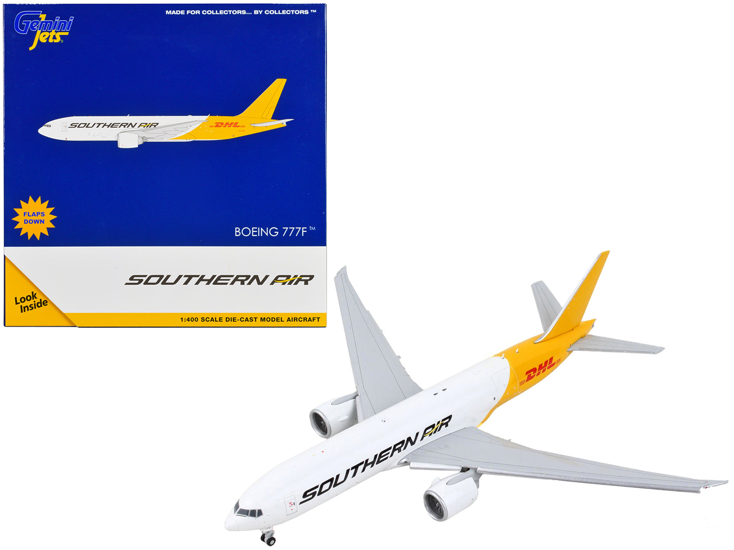 Boeing 777F Commercial Aircraft with Flaps Down "Southern Air - DHL" White and Yellow 1/400 Diecast Model Airplane by GeminiJets