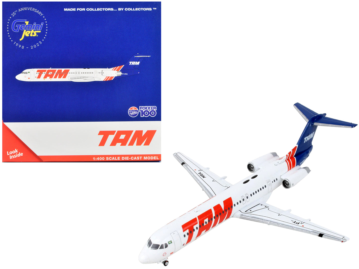 Fokker F100 Commercial Aircraft "TAM Linhas Aereas" White with Blue Tail 1/400 Diecast Model Airplane by GeminiJets