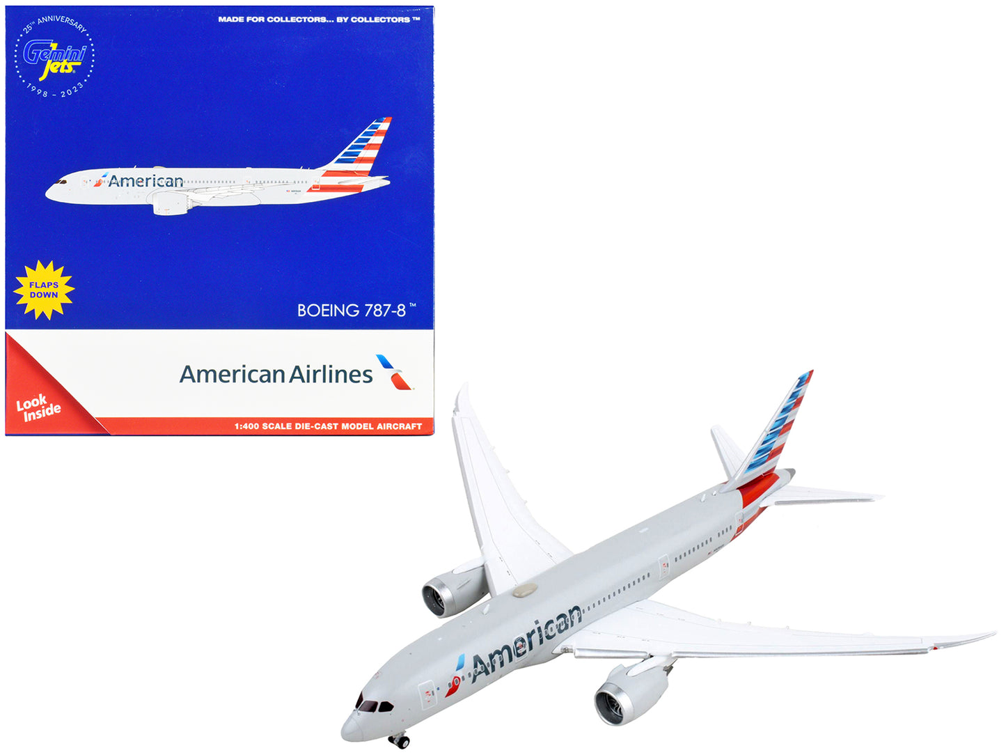 Boeing 787-8 Commercial Aircraft with Flaps Down "American Airlines" Gray with Striped Tail 1/400 Diecast Model Airplane by GeminiJets