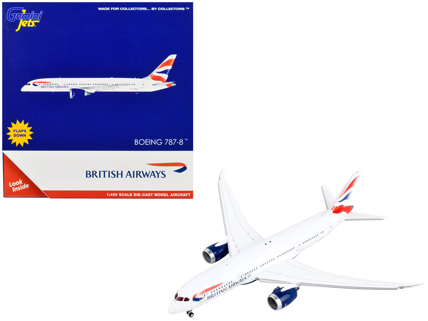 Boeing 787-8 Commercial Aircraft with Flaps Down "British Airways" White with Tail Stripes 1/400 Diecast Model Airplane by GeminiJets