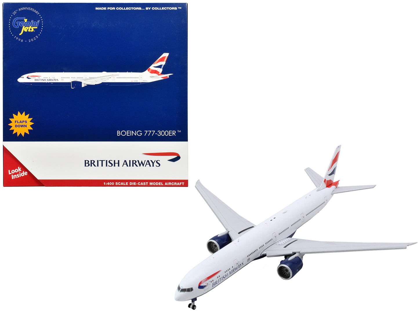 Boeing 777-300ER Commercial Aircraft with Flaps Down "British Airways" (G-STBH) White with Striped Tail 1/400 Diecast Model Airplane by GeminiJets