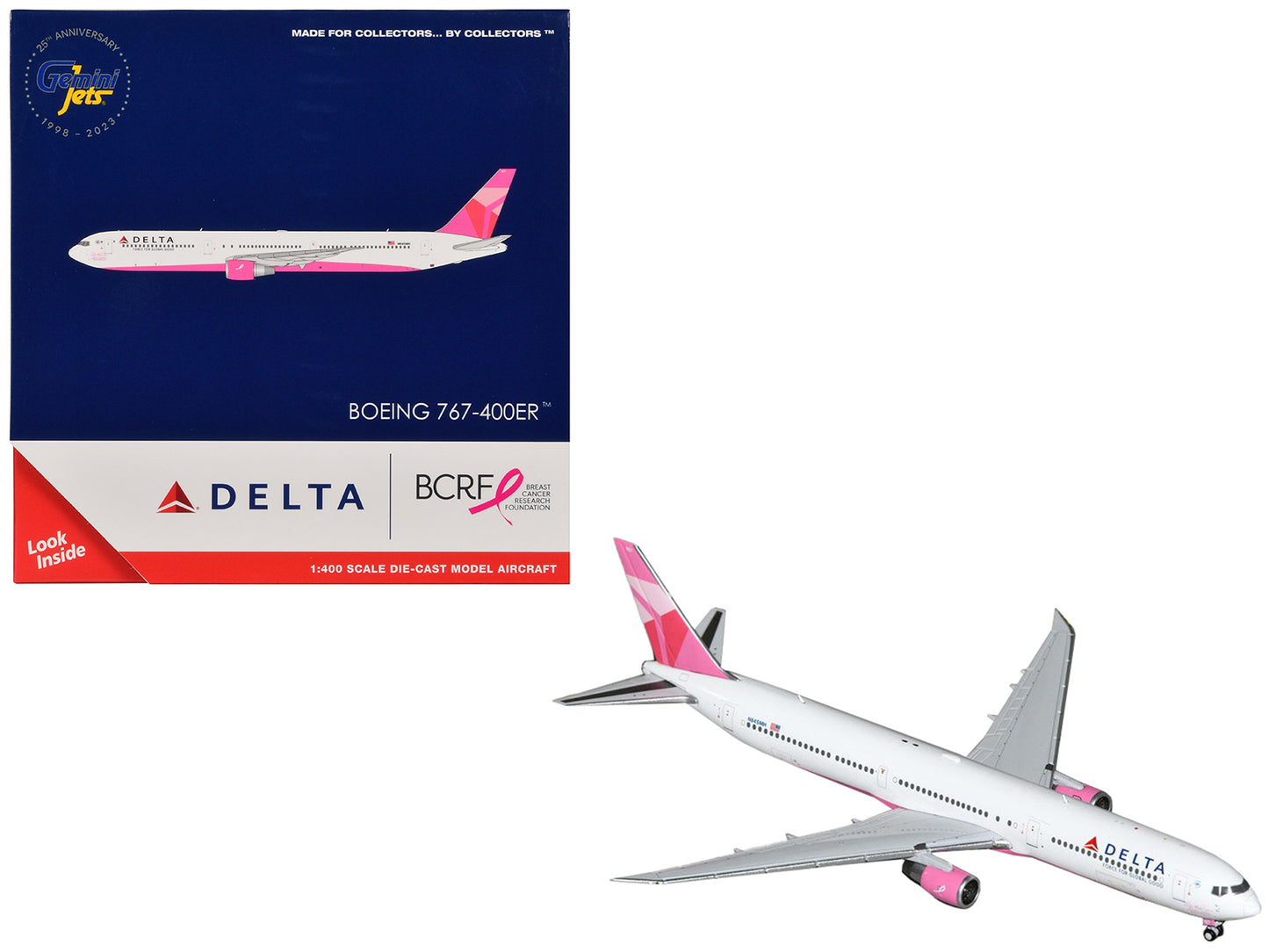 Boeing 767-400ER Commercial Aircraft "Delta Air Lines - Breast Cancer Research Foundation" (N845MH) White with Pink Tail 1/400 Diecast Model Airplane by GeminiJets