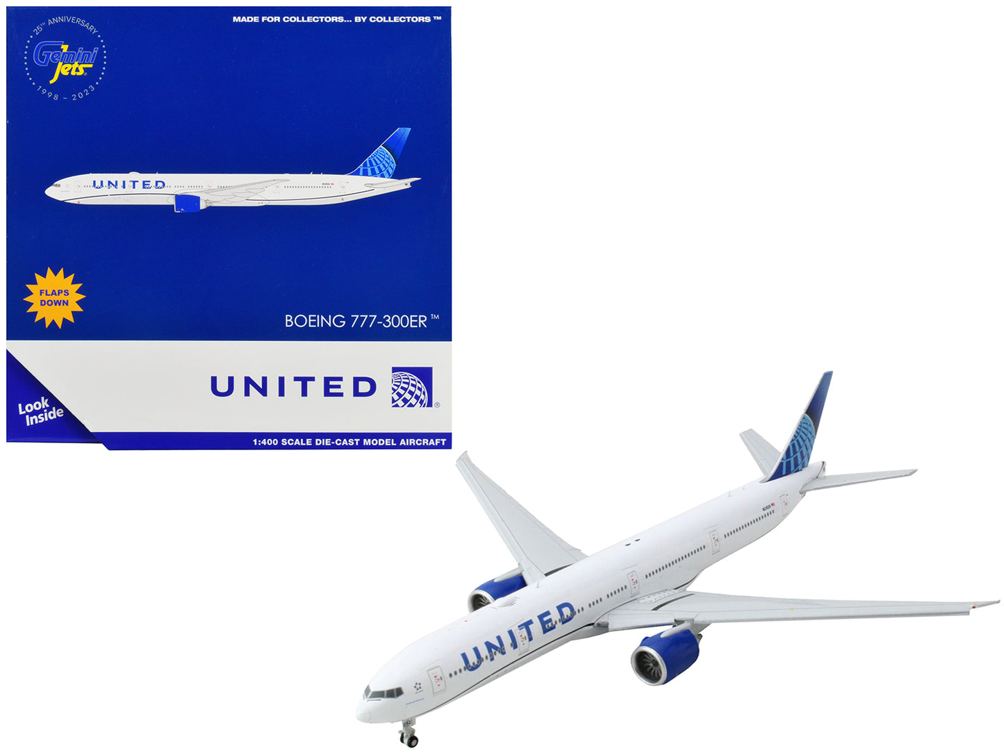 Boeing 777-300ER Commercial Aircraft with Flaps Down "United Airlines" White with Blue Tail 1/400 Diecast Model Airplane by GeminiJets