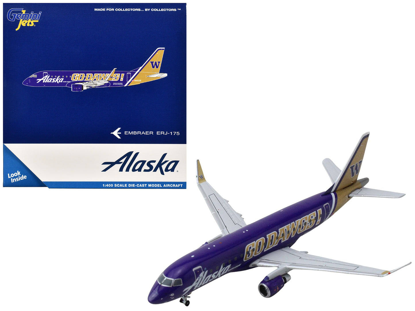 Embraer ERJ-175 Commercial Aircraft "Alaska Airlines - Horizon Air - University of Washington Huskies" (N662QX) Purple with Gold Tail 1/400 Diecast Model Airplane by GeminiJets