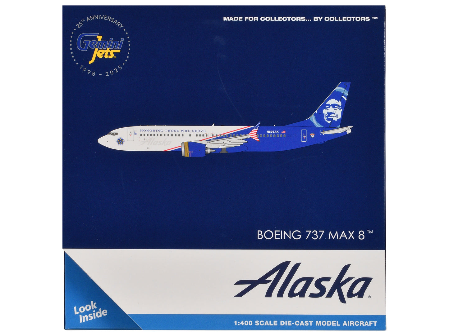 Boeing 737 MAX 8 Commercial Aircraft "Alaska Airlines - Honoring Those Who Serve" (N806AK) White and Blue 1/400 Diecast Model Airplane by GeminiJets