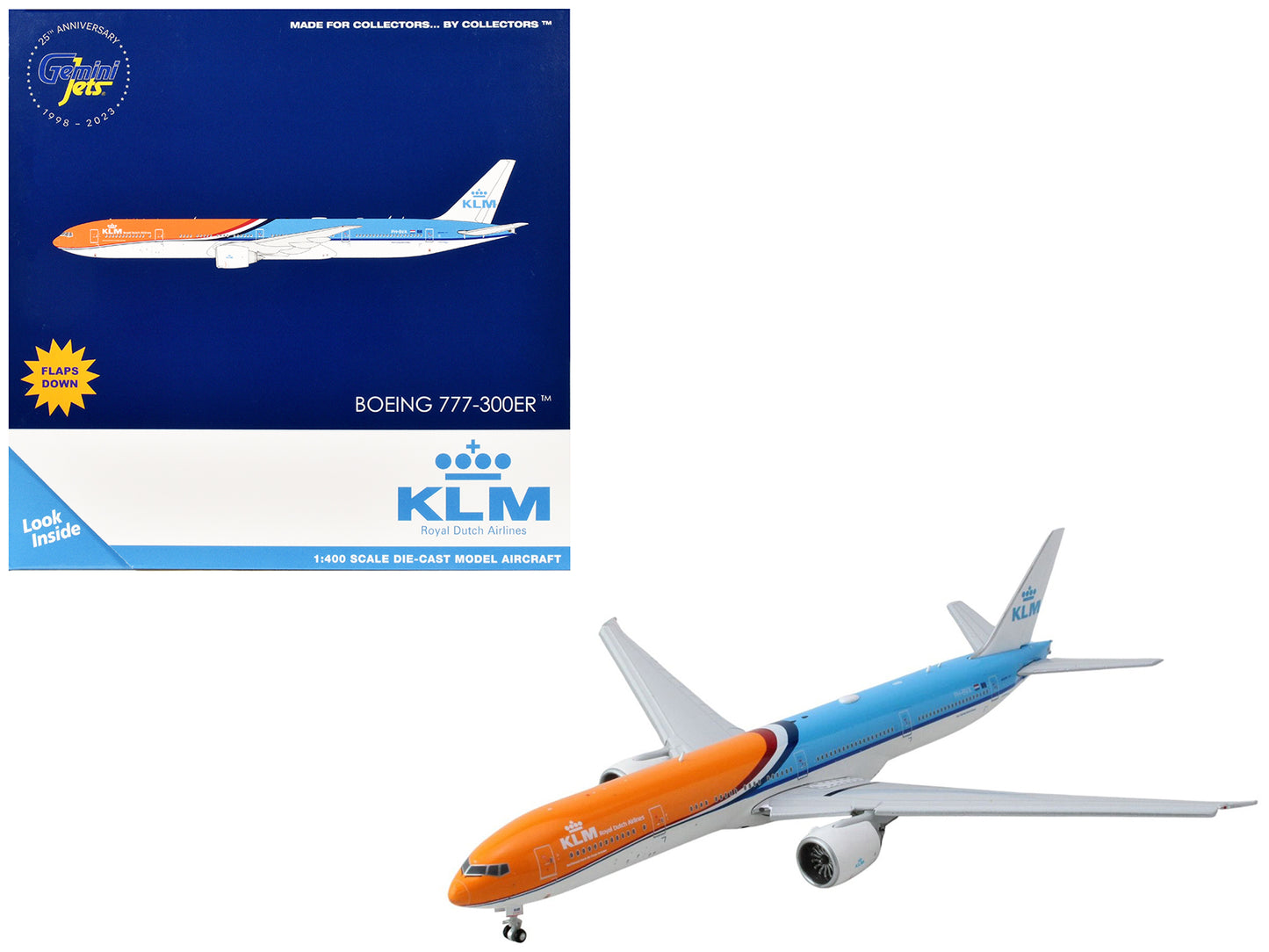 Boeing 777-300ER Commercial Aircraft with Flaps Down "KLM Royal Dutch Airlines" (PH-BVA) Orange and Blue 1/400 Diecast Model Airplane by GeminiJets