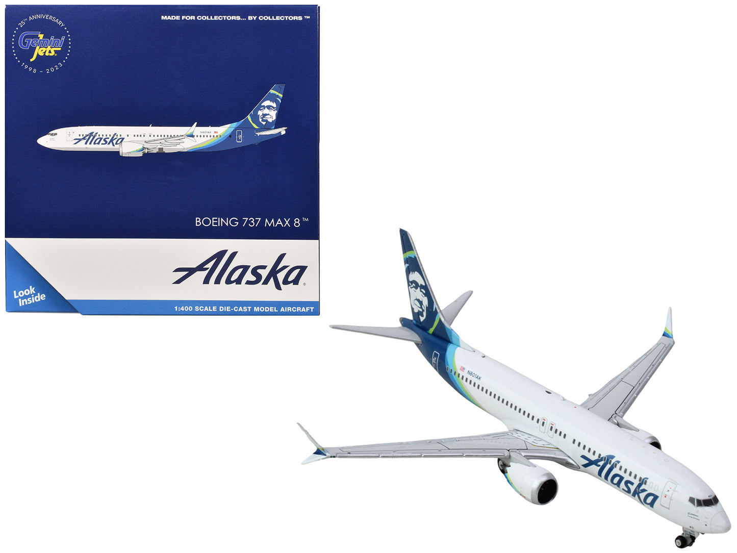 Boeing 737 MAX 8 Commercial Aircraft "Alaska Airlines" (N801AK) White with Blue Tail 1/400 Diecast Model Airplane by GeminiJets