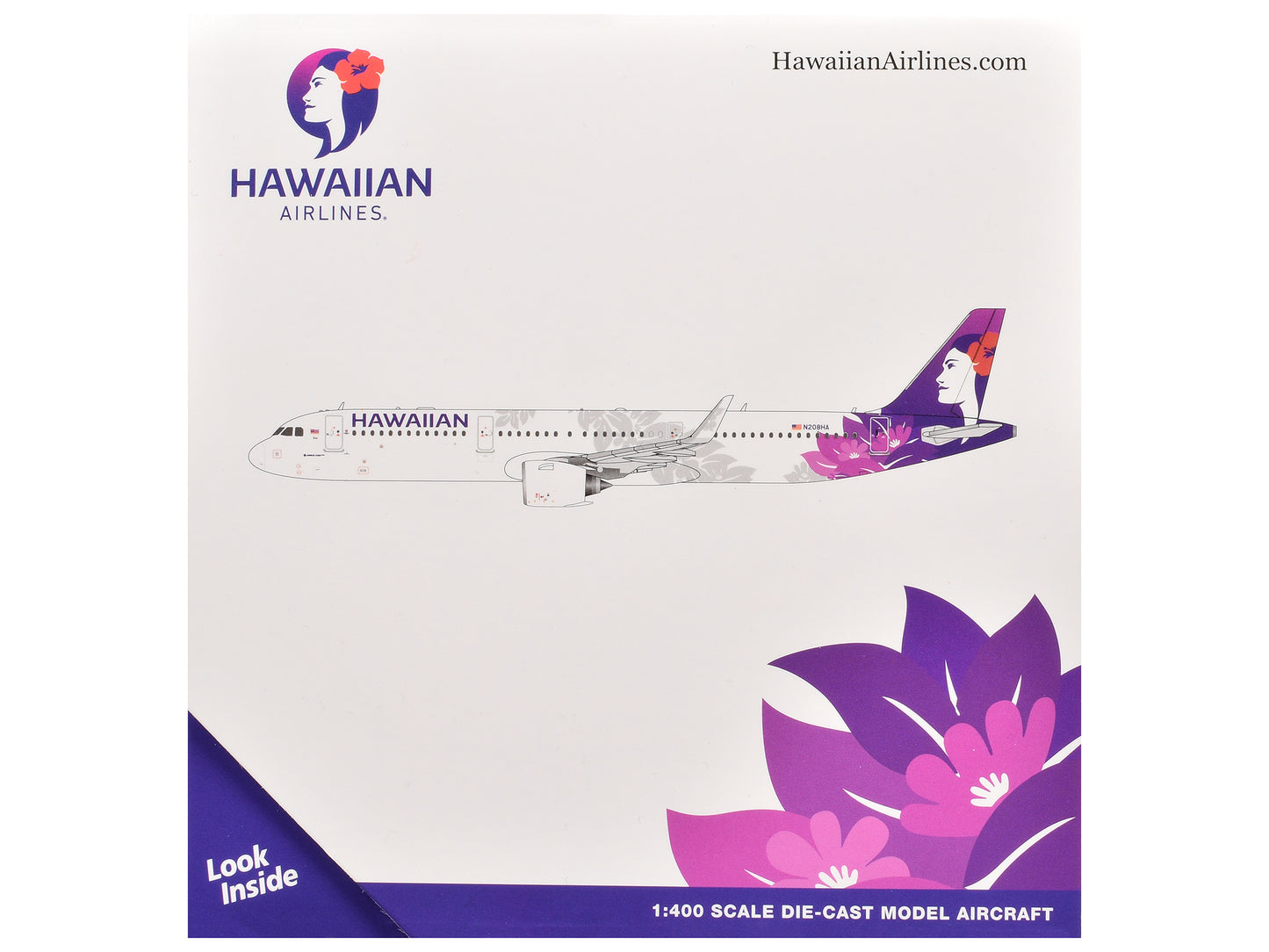 Airbus A321neo Commercial Aircraft "Hawaiian Airlines" (N208HA) White with Purple Tail 1/400 Diecast Model Airplane by GeminiJets