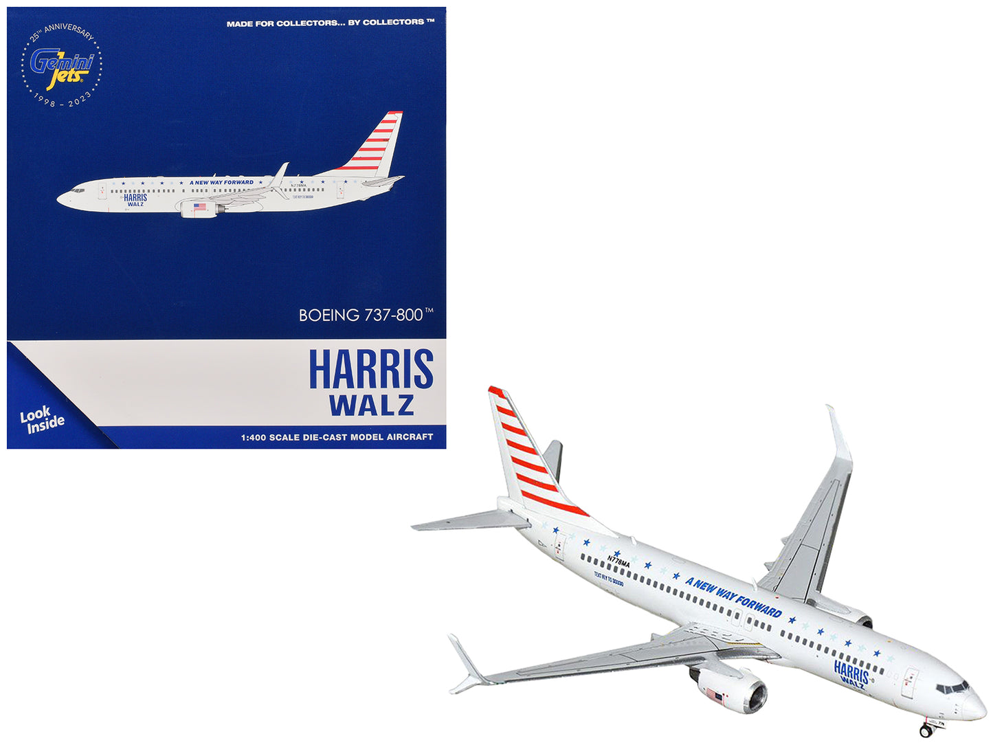 Boeing 737-800 Commercial Aircraft "Harris-Walz Campaign" (N778MA) White with Striped Tail 1/400 Diecast Model Airplane by GeminiJets