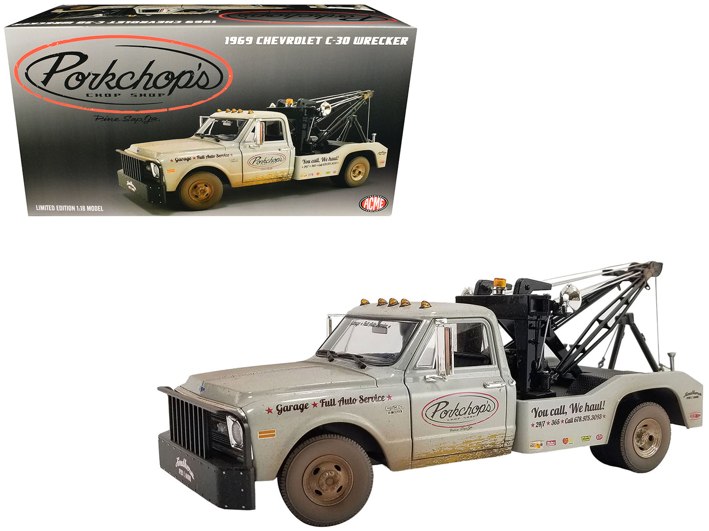 1969 Chevrolet C-30 Wrecker Tow Truck "Porkchop's Chop Shop" Silver Metallic (Weathered) 1/18 Diecast Model Car by Greenlight for ACME