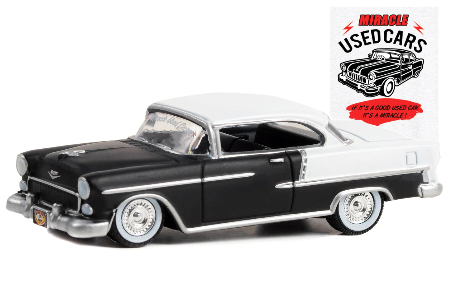 1955 Chevrolet Bel Air Lowrider Matt Black and White "Miracle Used Cars" "Busted Knuckle Garage" Series 2 1/64 Diecast Model Car by Greenlight