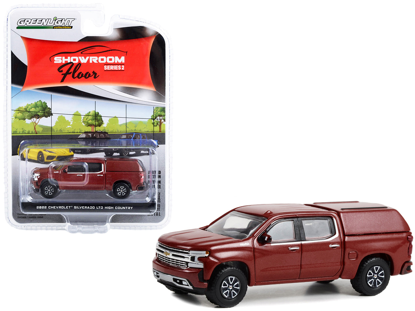 2022 Chevrolet Silverado LTD High Country Pickup Truck with Camper Shell Cherry Red Metallic "Showroom Floor" Series 2 1/64 Diecast Model Car by Greenlight