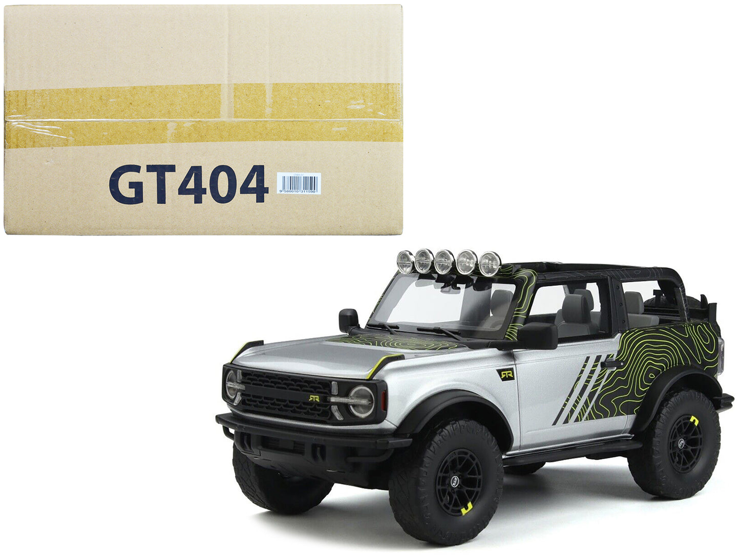 2022 Ford Bronco "By RTR" Silver Metallic and Black with Graphics 1/18 Model Car by GT Spirit