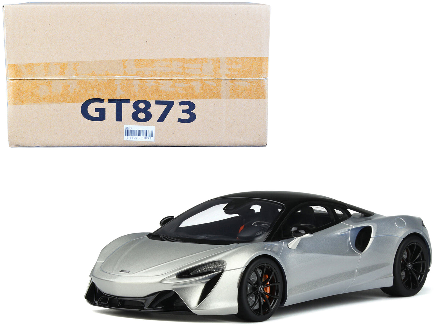 2021 McLaren Artura Silver Metallic with Black Top 1/18 Model Car by GT Spirit