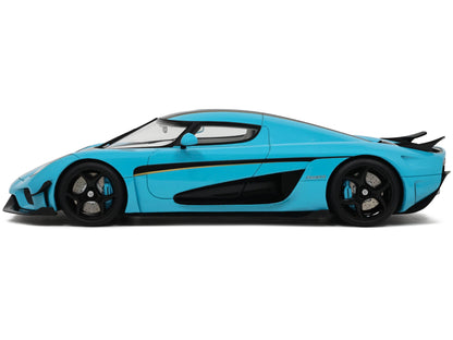 2018 Koenigsegg Regera Baby Blue with Black Stripes and White Interior 1/18 Model Car by GT Spirit