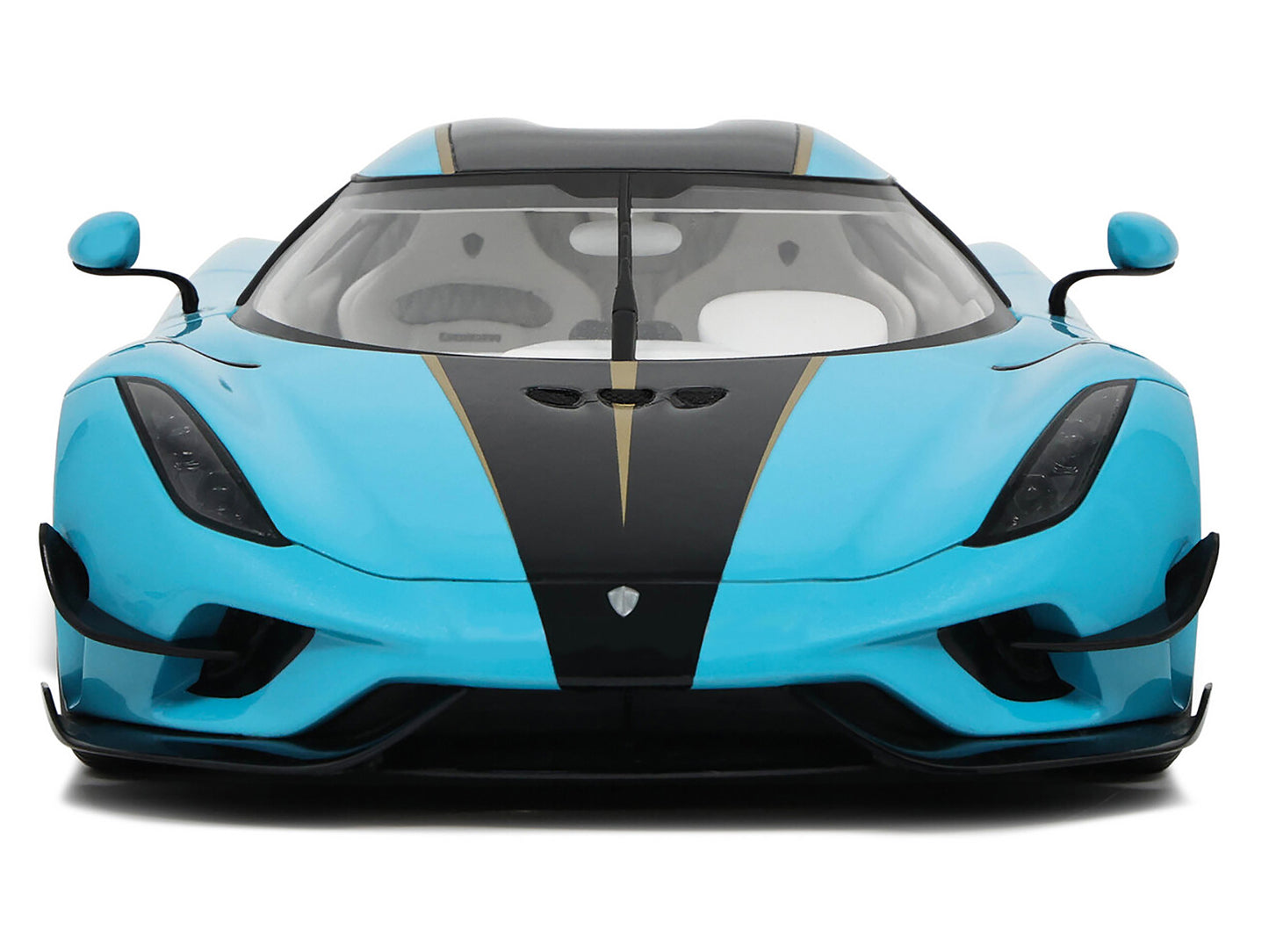 2018 Koenigsegg Regera Baby Blue with Black Stripes and White Interior 1/18 Model Car by GT Spirit