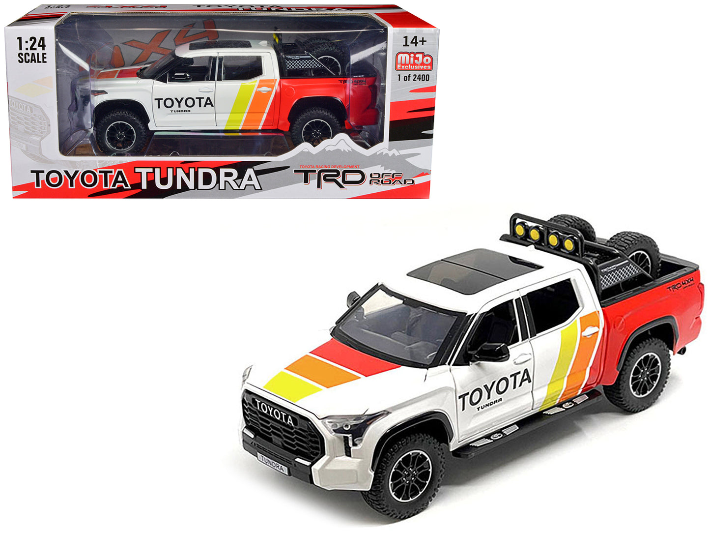 2023 Toyota Tundra TRD 4x4 Pickup Truck White and Red with Stripes with Sunroof and Wheel Rack Limited Edition to 2400 pieces Worldwide 1/24 Diecast Model Car