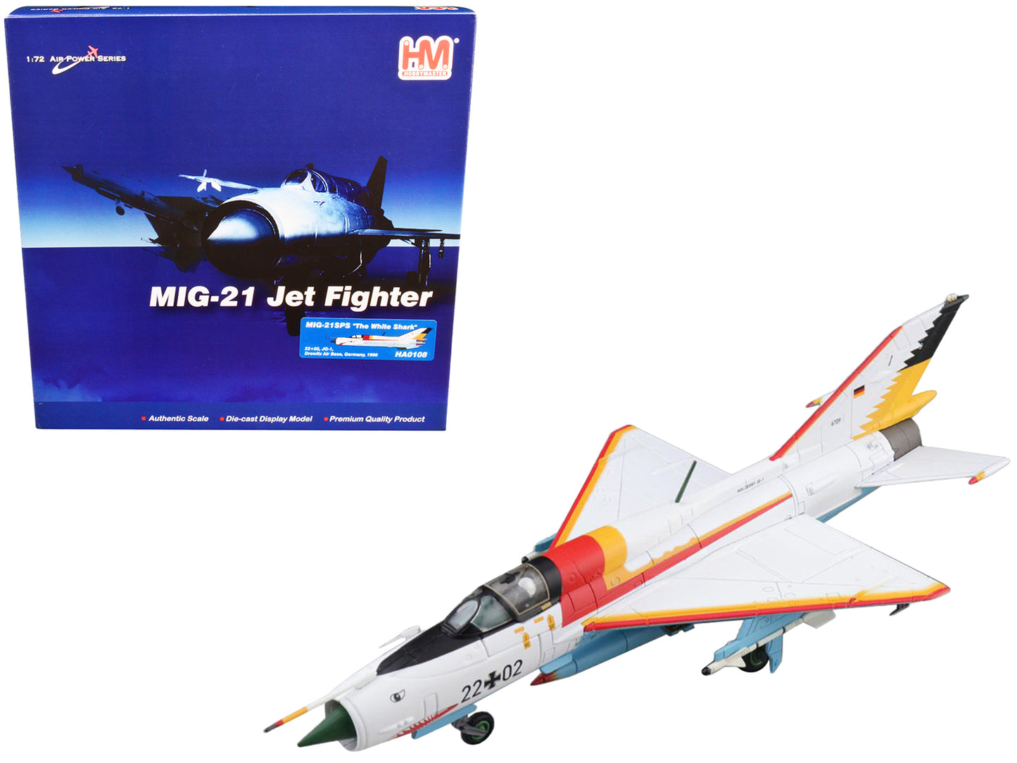 Mikoyan-Gurevich MIG-21SPS "The White Shark" Fighter Aircraft "22+02 JG-1 Drewitz Air Base Germany" (1990) "Air Power Series" 1/72 Diecast Model by Hobby Master