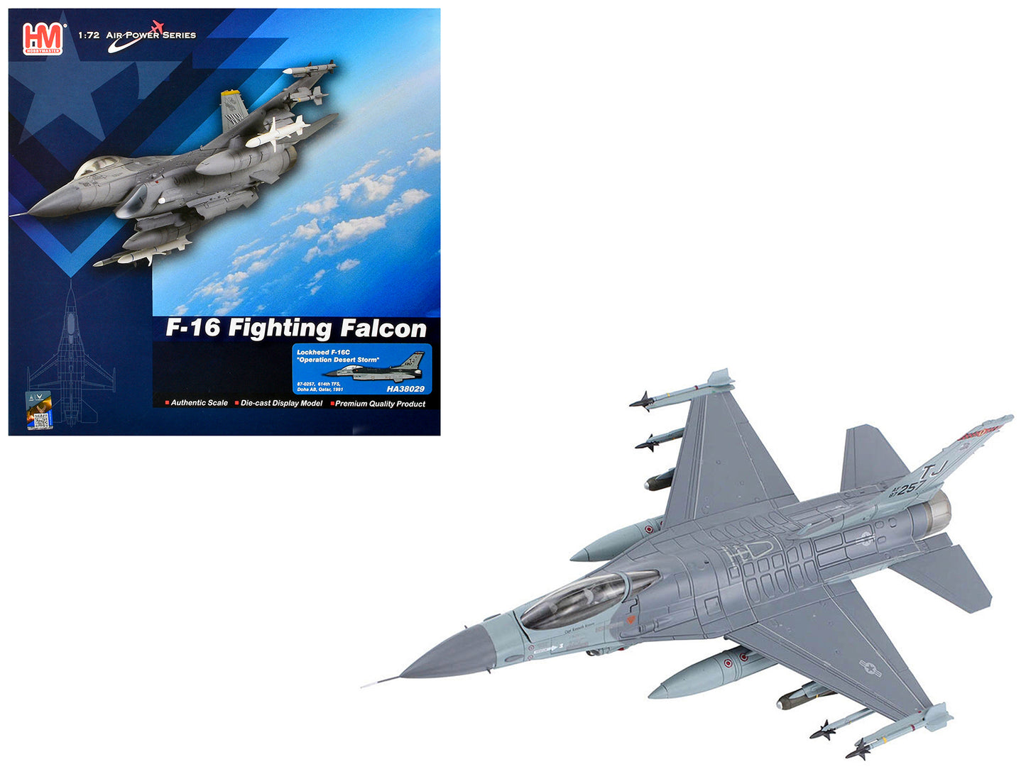 Lockheed F-16C Fighting Falcon Fighter Aircraft "Operation Desert Storm 614th Tactical Fighter Squadron Doha Air Base Qatar" (1991) United States Air Force "Air Power Series" 1/72 Diecast Model by Hobby Master