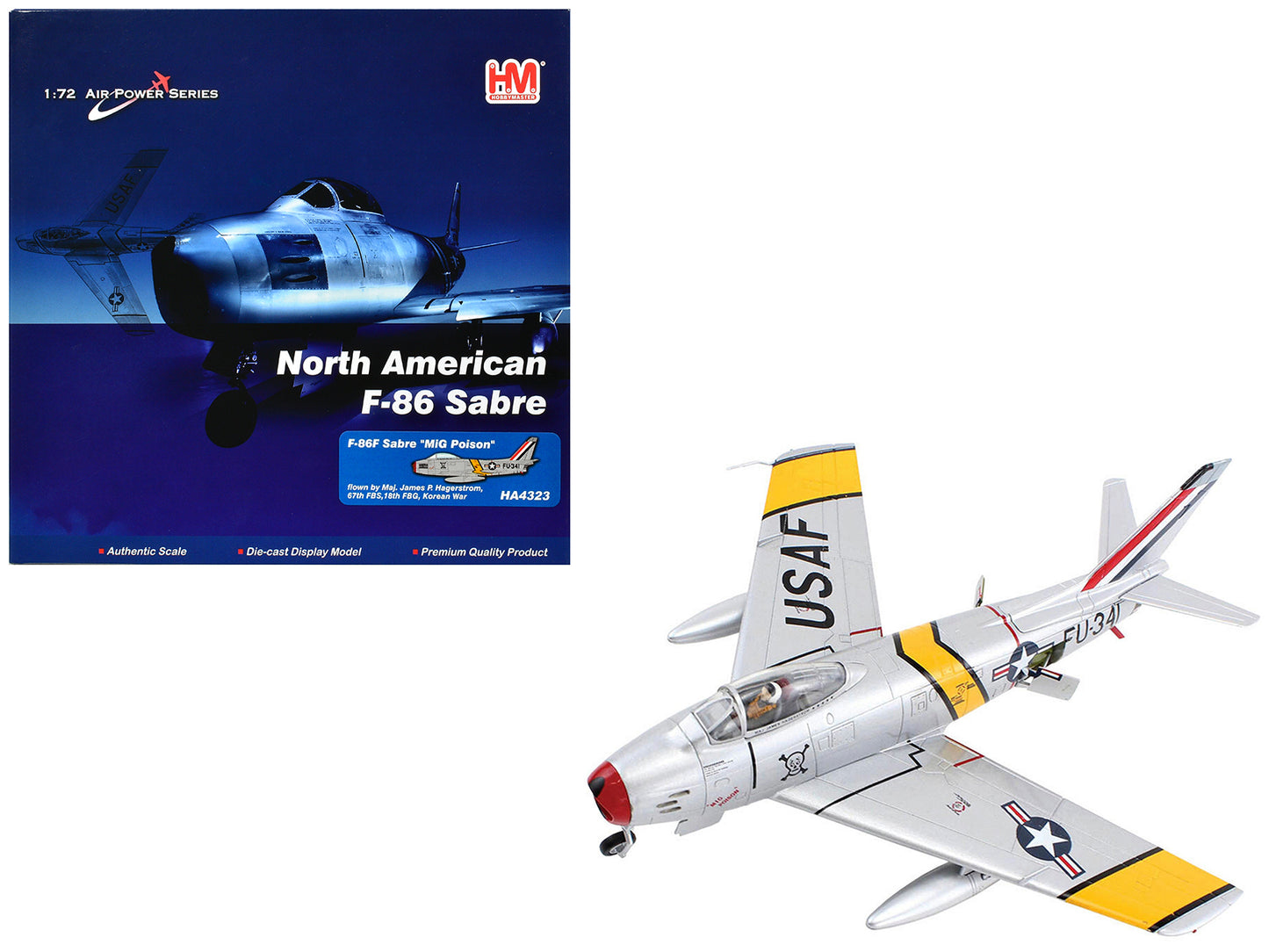 North American F-86F Sabre Fighter Aircraft "MIG Poison Maj. James P. Hagerstrom 67th FBS 18th FBG Korean War" United States Air Force "Air Power Series" 1/72 Diecast Model by Hobby Master