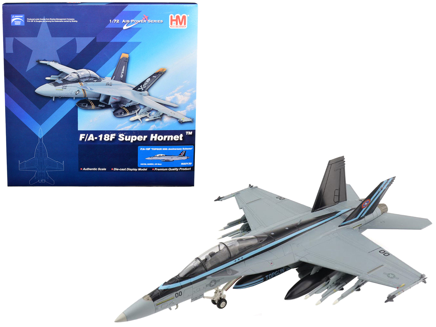 McDonnell Douglas F/A-18F Super Hornet Fighter Aircraft "TopGun 50th Anniversary Scheme" "NAWDC US Navy" "Air Power Series" 1/72 Diecast Model by Hobby Master