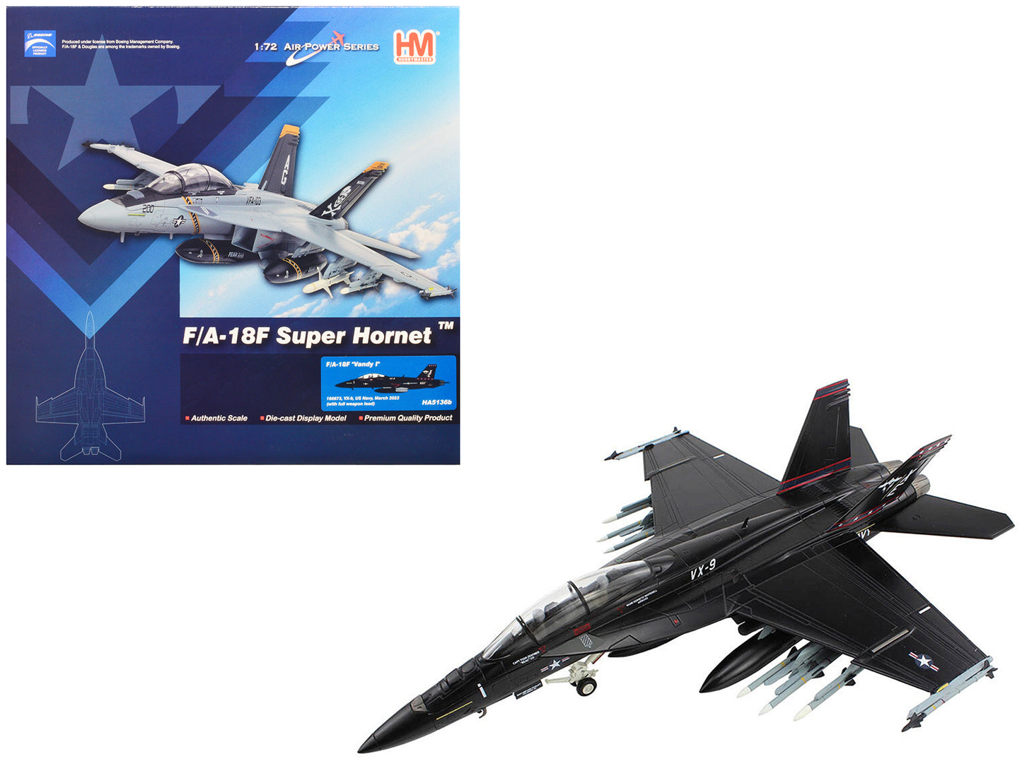 Boeing F/A-18F Super Hornet Fighter Aircraft "Vandy I VX-9" (2023) United States Navy (Full Weapon Load) "Air Power Series" 1/72 Diecast Model by Hobby Master