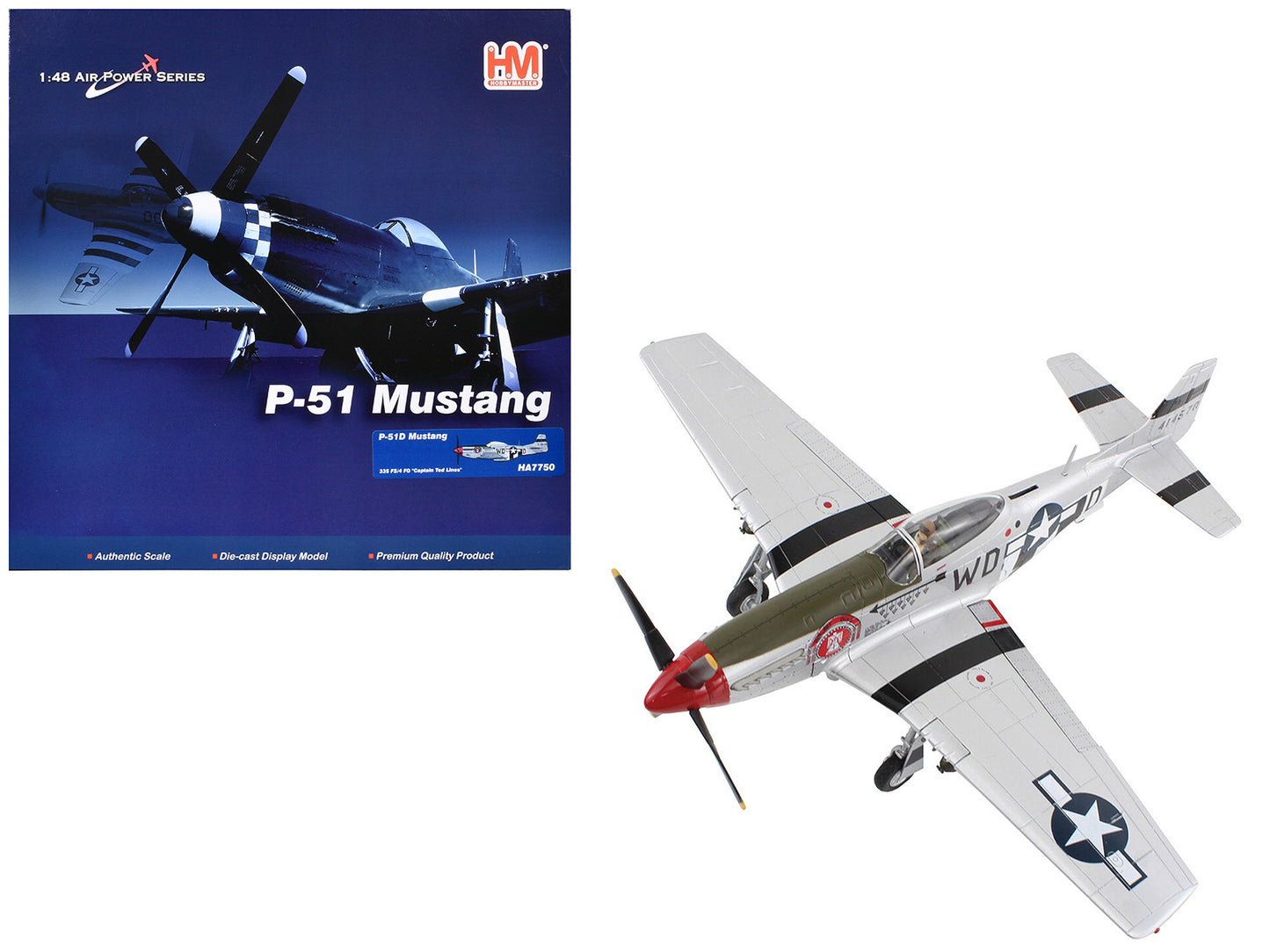 North American P-51D Mustang Fighter Aircraft "335th Fighter Squadron 4th Fighter Group Captain Ted Lines" United States Army Air Force "Air Power Series" 1/48 Diecast Model by Hobby Master