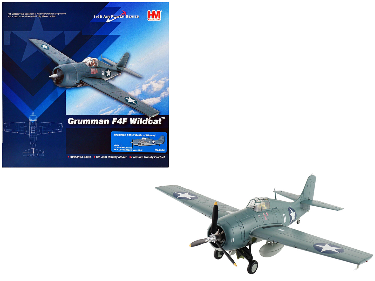 Grumman F4F-4 Wildcat Fighter Aircraft "Lieutenant Scott McCuskey VF-3 USS Yorktown" (1942) United States Navy "Air Power Series" 1/48 Diecast Model by Hobby Master