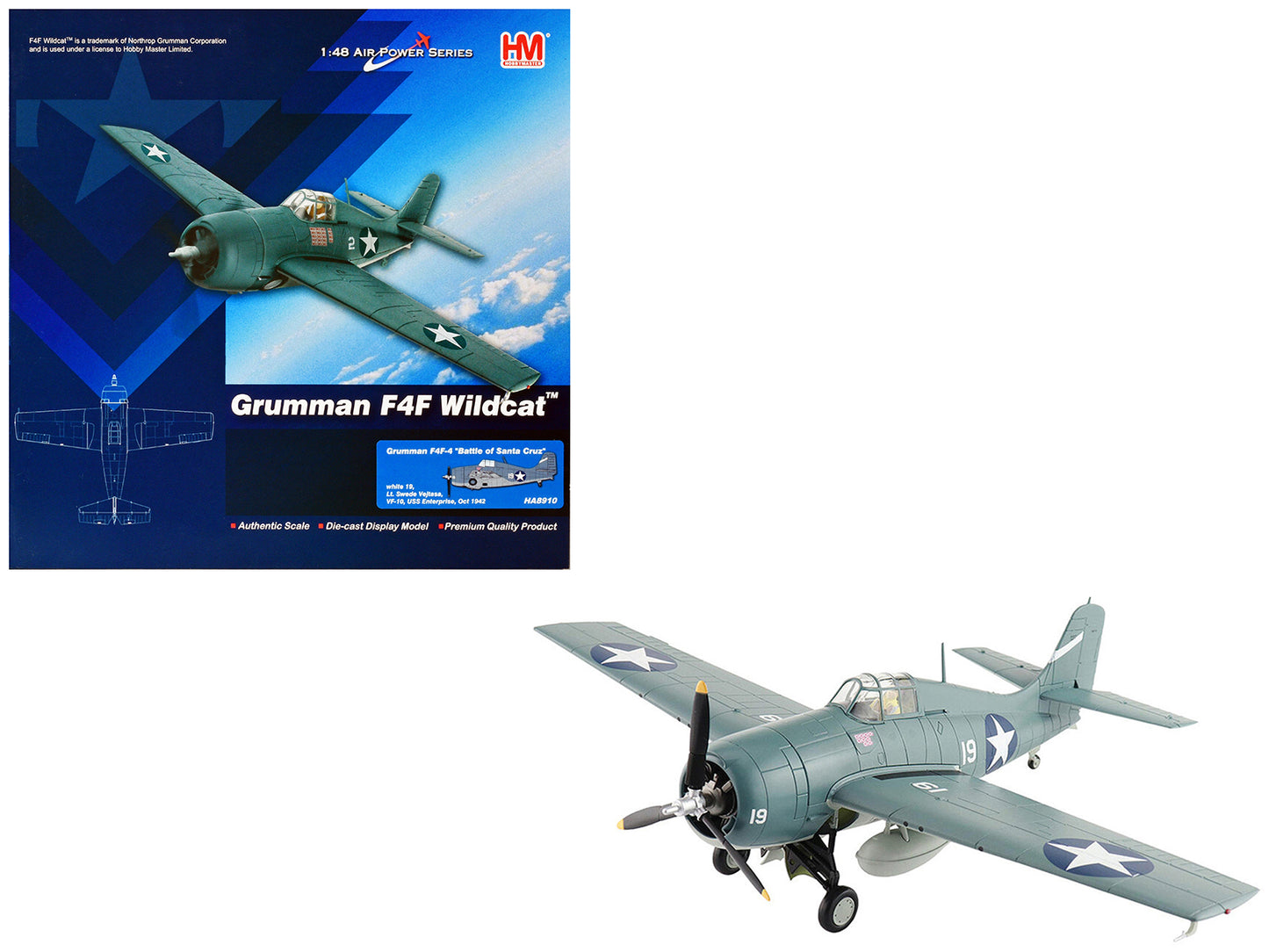 Grumman F4F-4 Wildcat Fighter Aircraft "Battle of Santa Cruz Lt. Swede Vejtasa VF-10 USS Enterprise" (1942) United States Navy "Air Power Series" 1/48 Diecast Model by Hobby Master