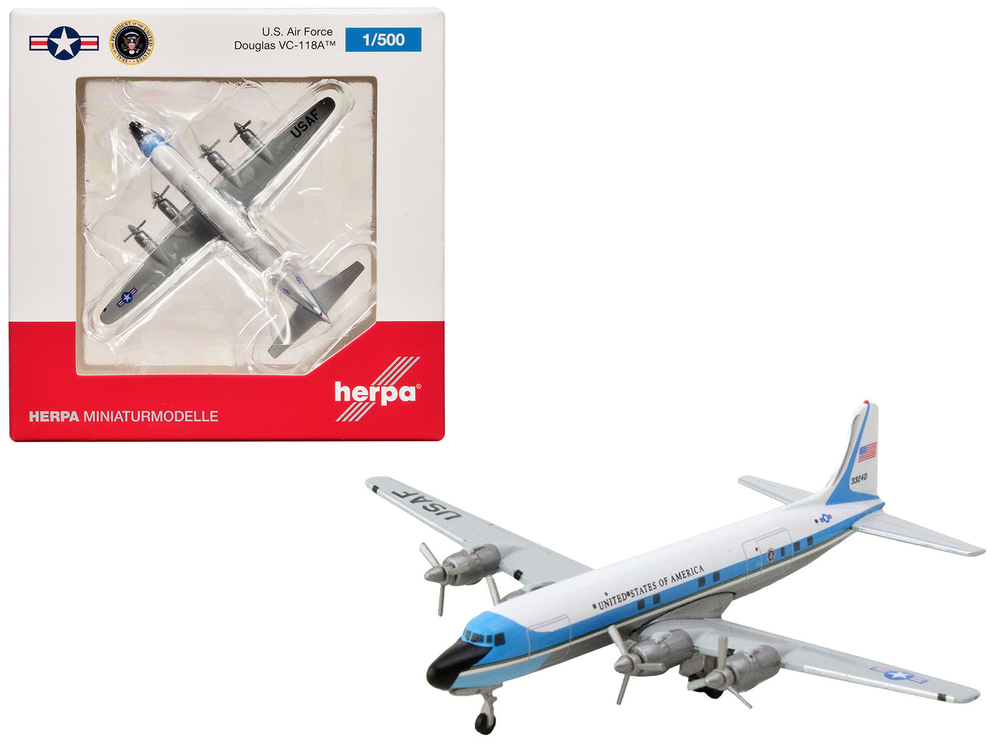 Douglas VC-118A Transport Aircraft "United States Air Force One 1254th Air Transport Wing Andrews Air Base" (53-3240) White with Blue Stripes 1/500 Diecast Model Airplane by Herpa