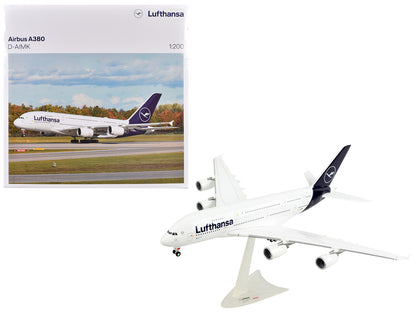 Airbus A380 Commercial Aircraft "Lufthansa" (D-AIMK) White with Dark Blue Tail 1/200 Plastic Model Airplane by Herpa