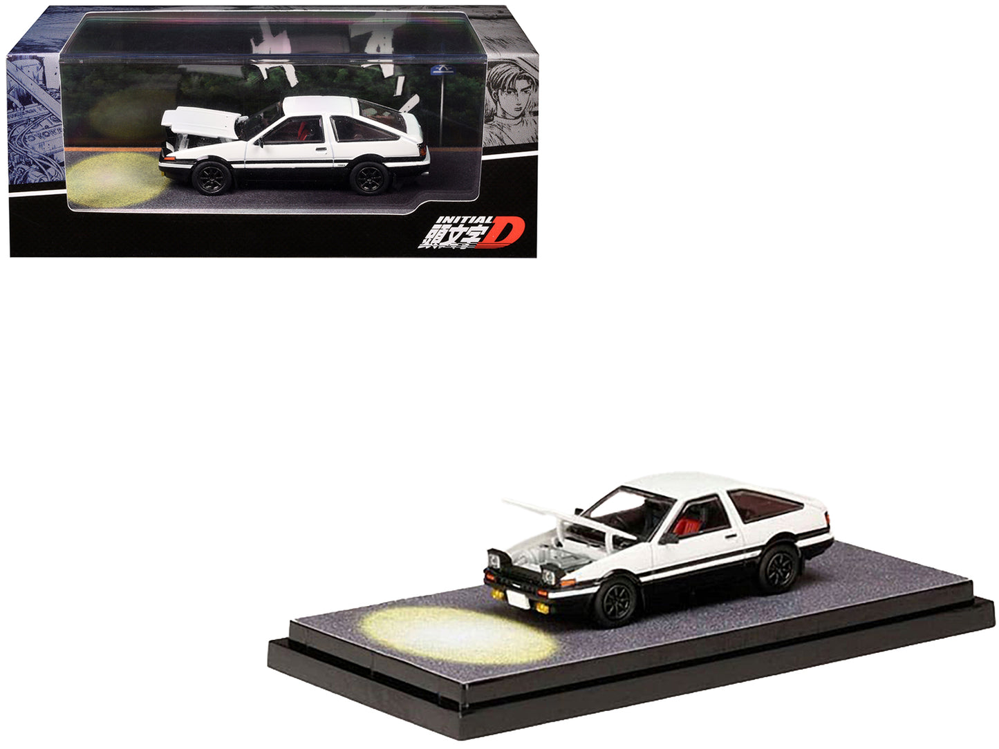 Toyota Sprinter Trueno (AE86) RHD (Right Hand Drive) White and Black "Engine Mounted Model VS Wataru Akiyama" "Initial D" (1995-2013) Manga 1/64 Diecast Model Car by Hobby Japan